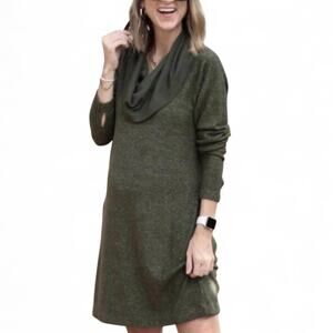 CAbi Solace Sweater Dress Sz S Tie Back Marled Olive Green Cowl Neck Thumb Holes